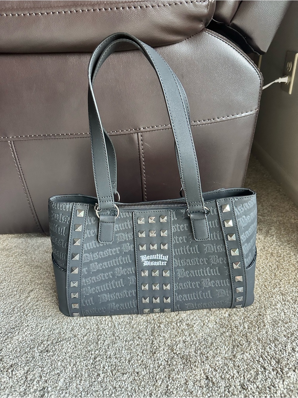 New Super Hot Authentic Beautiful Disaster Black Studded Tote Bag
